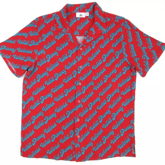 Disney Parks Men’s Walt Disney World Retro Button-Down Shirt Red Teal Size Large - Picture 1 of 5